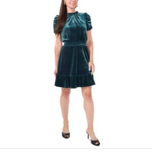 Msk Petite Ruffle-Neck Smocked-Waist Fit & Flare Velvet Dress - Emerald 30